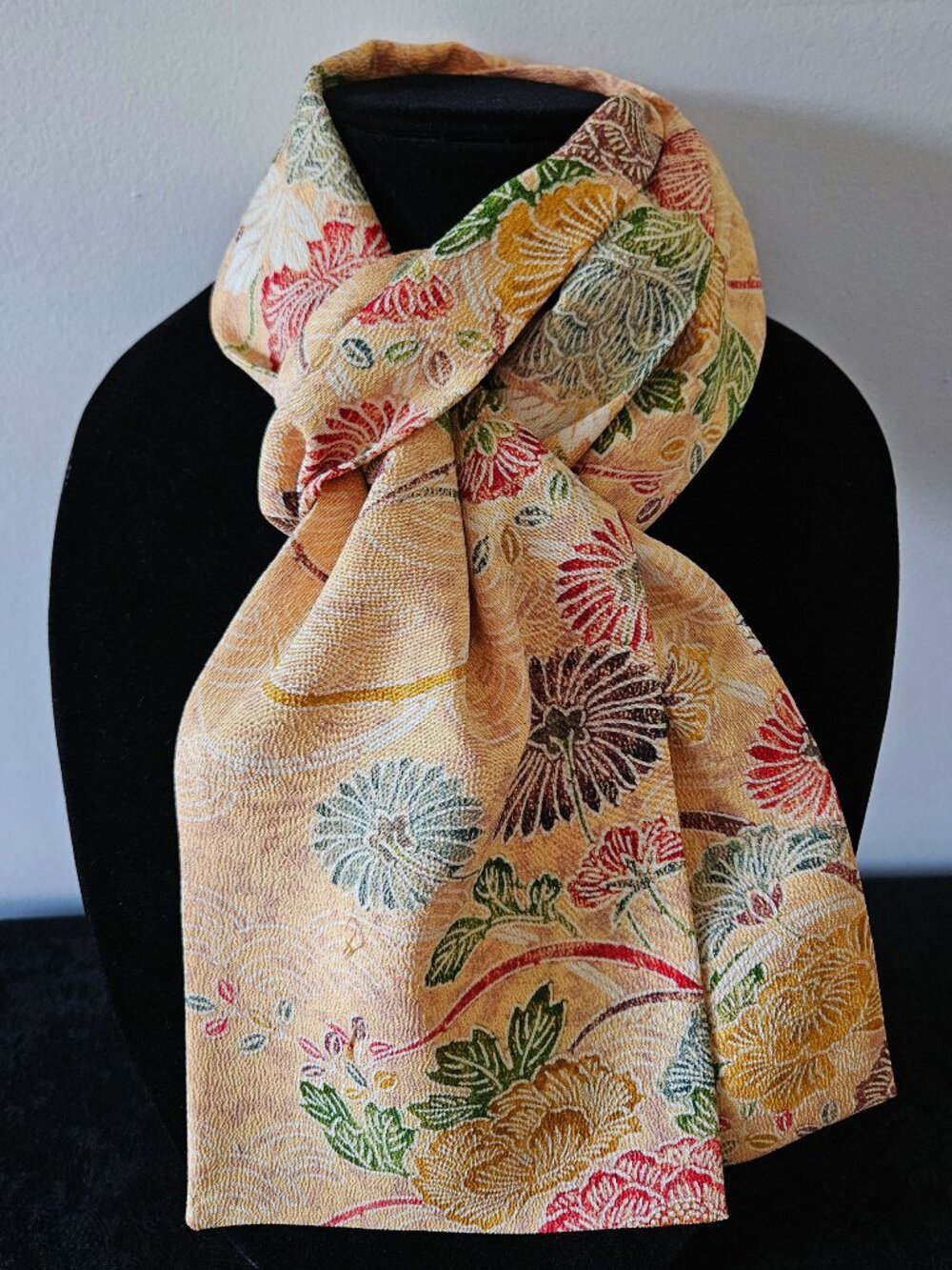 Japanese Kimono Scarf S4255 - Butterscotch Chirimen Silk with Peony and Mum